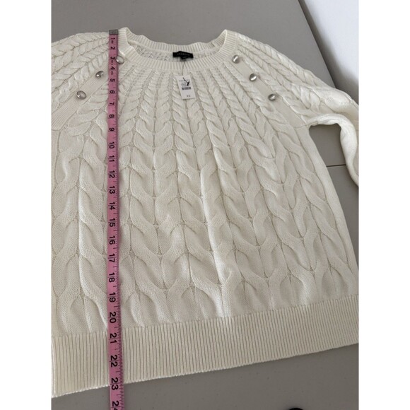 Talbots Ivory Cable Knit Sweater Women Size XS Crew Neck Silver Buttons New - Picture 5 of 8